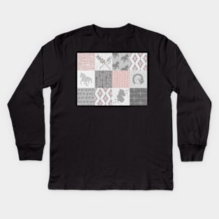 BoHo Horse Patchwork in pink and grey Kids Long Sleeve T-Shirt